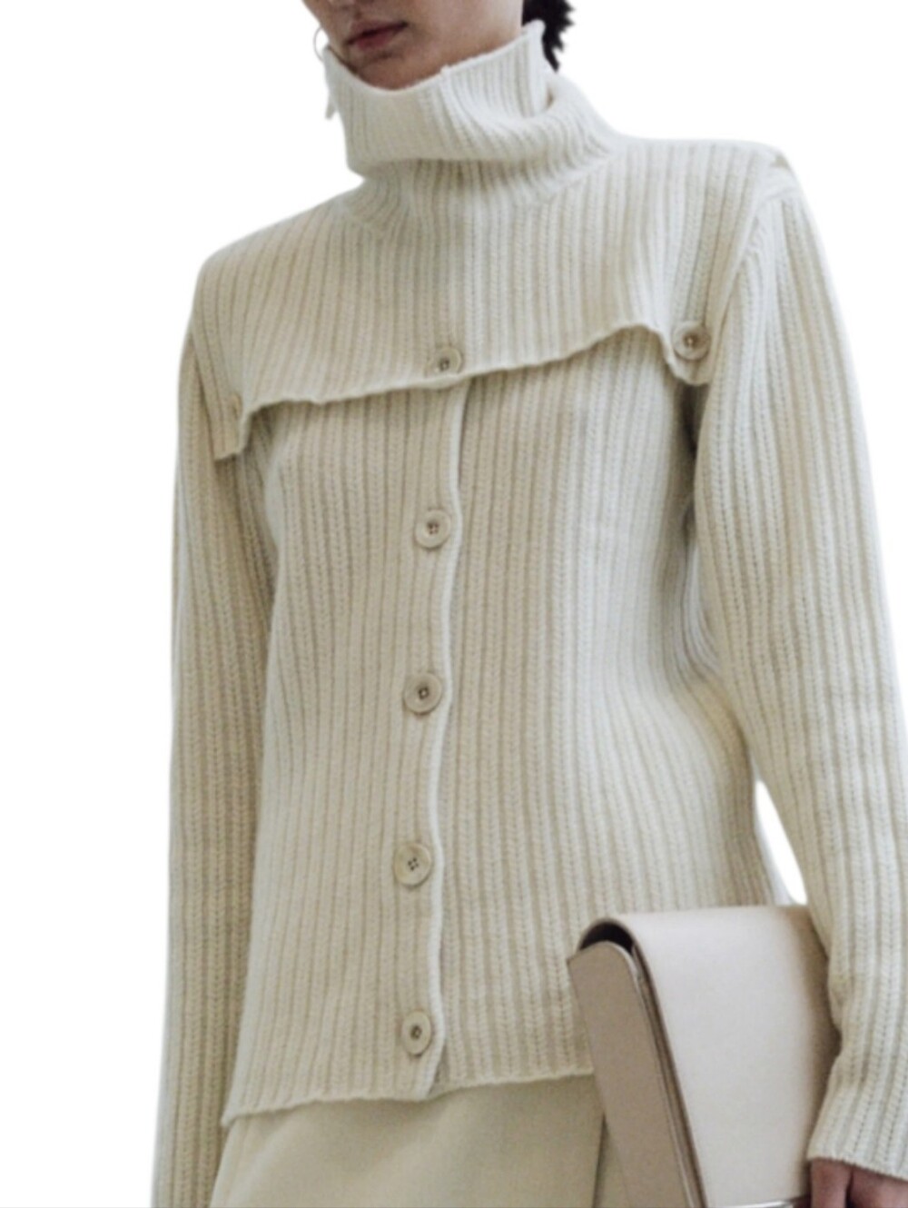 Rosetta Getty Collective Cream Ribbed Button-Front Turleneck Cardigan Sweater S